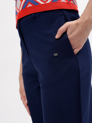 Elle Women Navy Blue Solid Straight Fit Mid-Rise Trouser