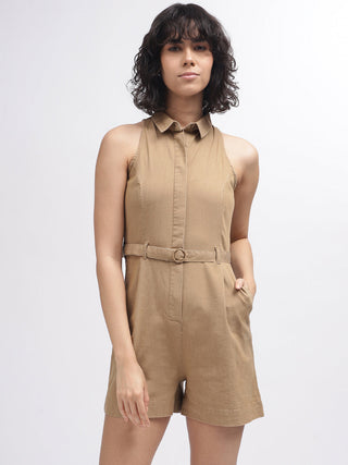 Elle Women Beige Solid Spread Collar Sleeveless Playsuit