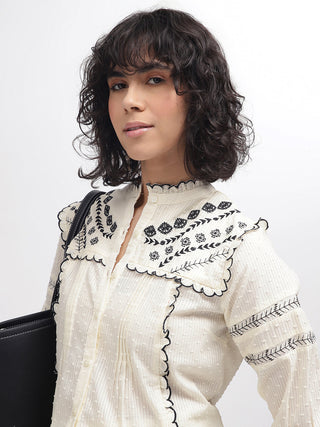 Elle Women Cream Band Collar Top