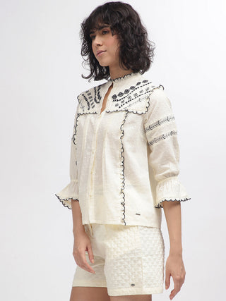 Elle Women Cream Band Collar Top