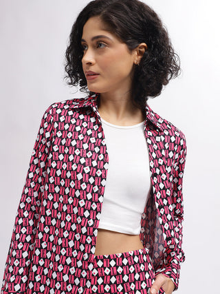 Elle Women Pink Printed Spread Collar Full Sleeves Shirt