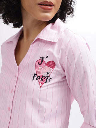 Elle Women Pink Striped Spread Collar Full Sleeves Shirt