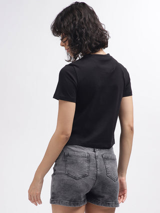 Elle Women Black Embellished Round Neck Short Sleeves T-Shirt
