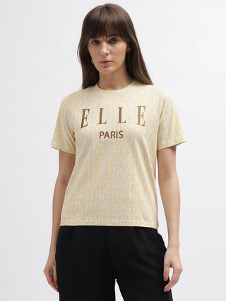 Elle Women Cream Crew Neck Tshirt