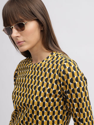 Elle Women Mustard Printed Round Neck 3/4th Sleeves Tshirt