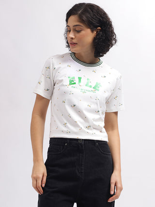 Elle Women White Crew Neck Tshirt
