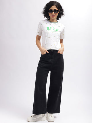 Elle Women White Crew Neck Tshirt
