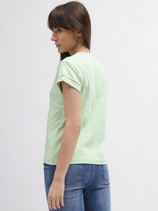 Elle Women Green Printed Round Neck Short Sleeves Tshirt