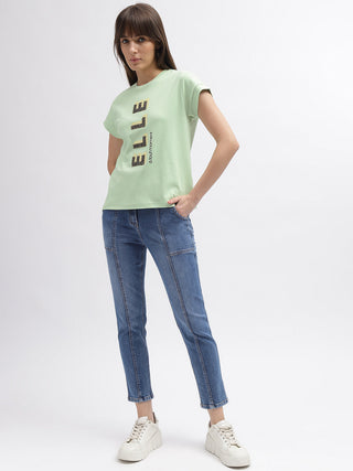 Elle Women Green Printed Round Neck Short Sleeves Tshirt