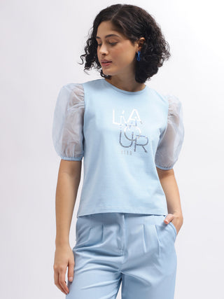 Elle Women Blue Crew Neck Tshirt