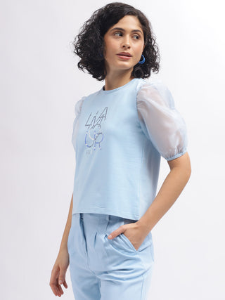Elle Women Blue Crew Neck Tshirt