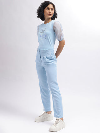 Elle Women Blue Crew Neck Tshirt