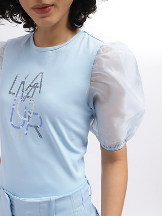 Elle Women Blue Crew Neck Tshirt