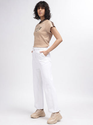 Elle Women Beige Solid Round Neck Short Sleeves T-Shirt