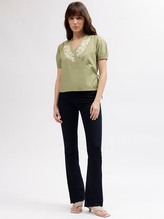 Elle Women Green Solid V Neck Short Sleeves Top