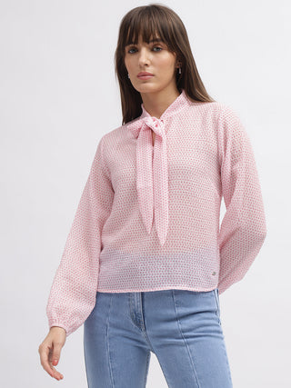 Elle Women Pink Printed Tie-Up Neck Full Sleeves Top