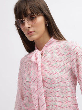 Elle Women Pink Printed Tie-Up Neck Full Sleeves Top