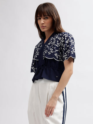 Elle Women Blue Embroidered V Neck Short Sleeves Top