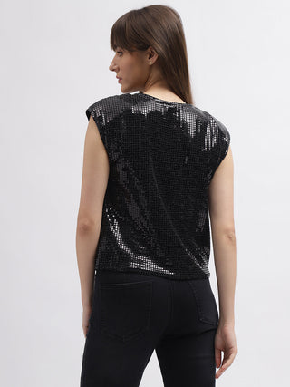 Elle Women Black Embellished Round Neck Short Sleeves Top