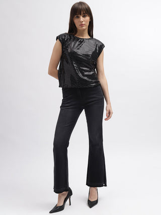 Elle Women Black Embellished Round Neck Short Sleeves Top