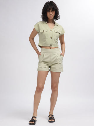 Elle Women Green Solid V-Neck Short Sleeves Top