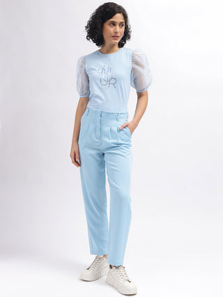 Elle Women Blue Solid Straight Fit High-Rise Trouser