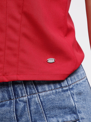 Elle Women Red Solid Resort Colar Short Sleeves Shirt