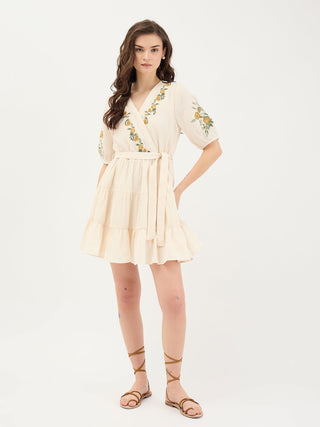 Elle Women White Embroidered V Neck Dress