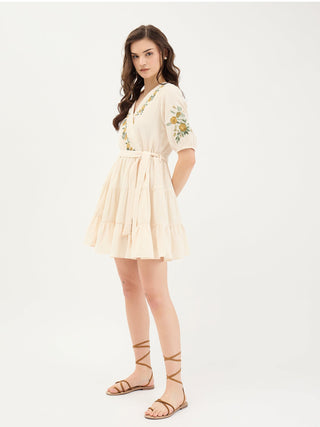 Elle Women White Embroidered V Neck Dress