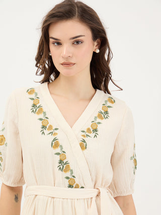 Elle Women White Embroidered V Neck Dress