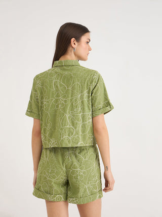 Elle Women Green Embroidered Collar Top