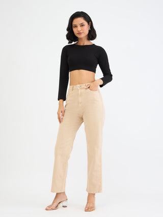 Elle Women Beige Straight Fit Solid Jeans