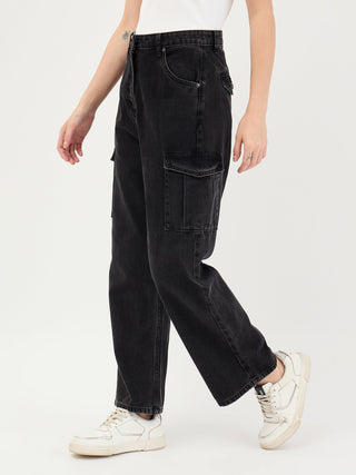 Elle Women Black Cargo Fit Solid Jeans