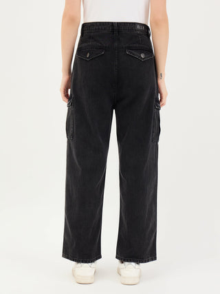 Elle Women Black Cargo Fit Solid Jeans
