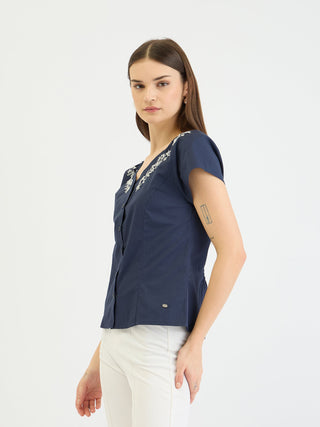 Elle Women Blue Embroidered Boat Neck Top