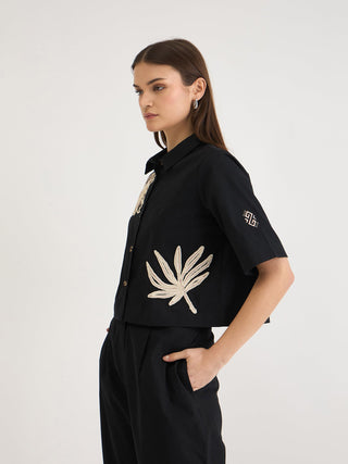 Elle Women Black Embroidered Collar Top