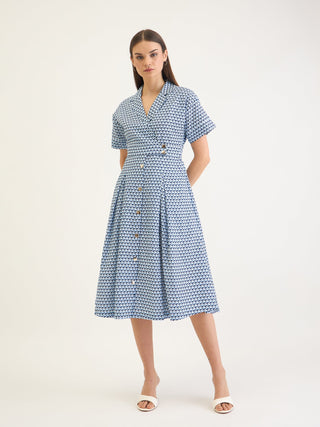 Elle Women Blue Printed Lapel Collar Dress