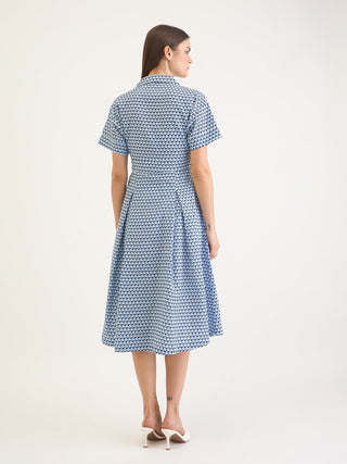 Elle Women Blue Printed Lapel Collar Dress