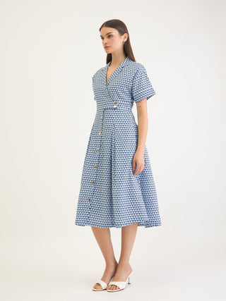 Elle Women Blue Printed Lapel Collar Dress