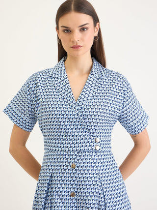 Elle Women Blue Printed Lapel Collar Dress
