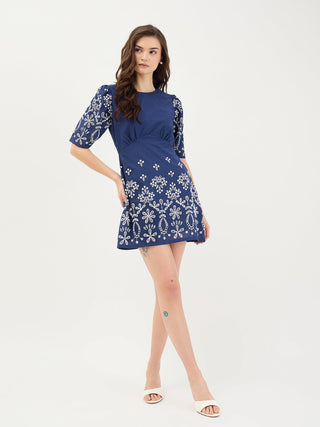 Elle Women Blue Schiffli Round Neck Dress