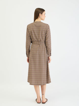 Elle Women Brown Printed Band Collar Dress