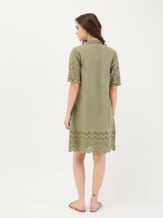 Elle Women Green Solid Collar Dress