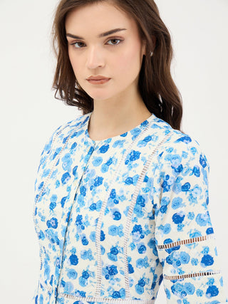 Elle Women Blue Printed Round Neck Dress