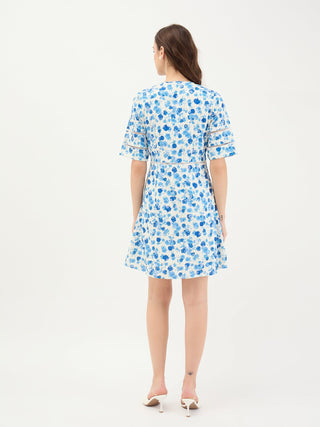 Elle Women Blue Printed Round Neck Dress