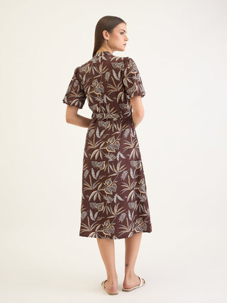 Elle Women Brown Aop V Neck Dress