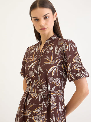 Elle Women Brown Aop V Neck Dress