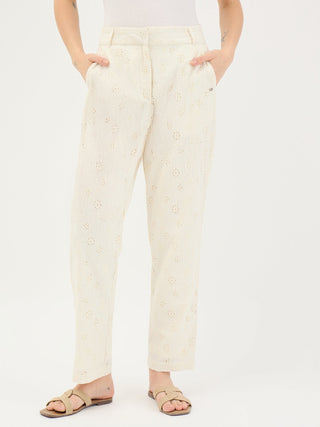 Elle Women White Straight Fit Schiffli Trouser