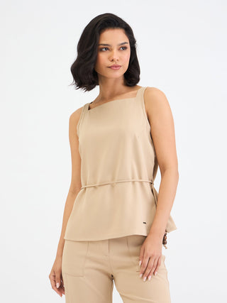 Elle Women Beige Solid Square Neck Top