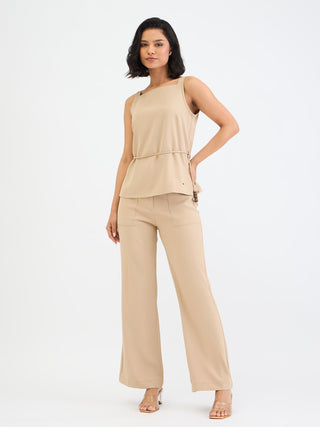 Elle Women Beige Solid Square Neck Top